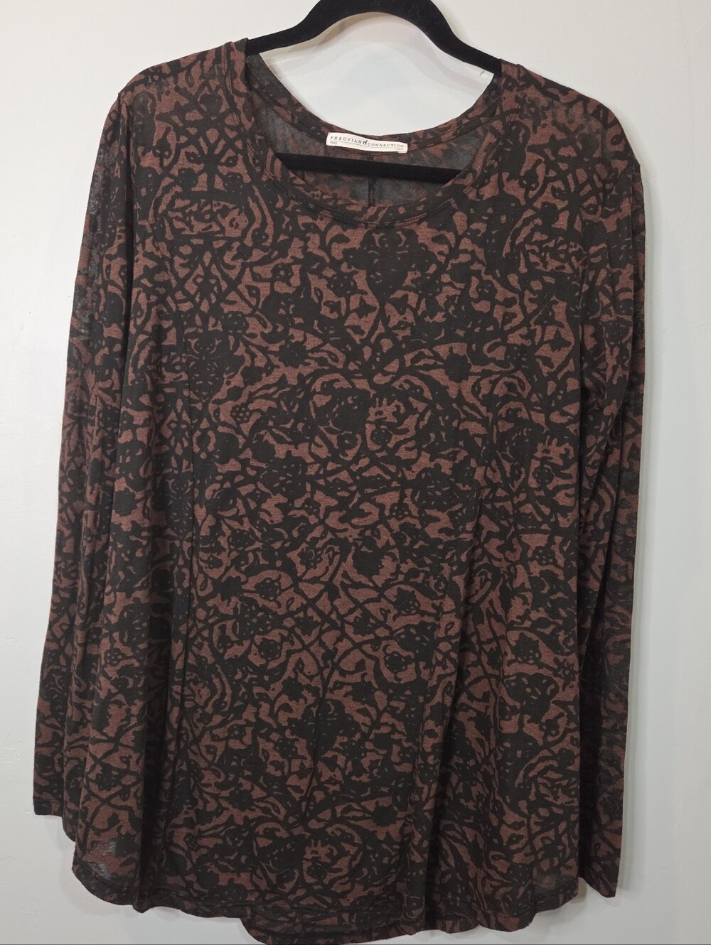 Peruvian Connection Burnout Flowy Blouse Top XS/S Brown Black Floral Pattern
